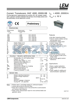 HAZ4000-SB datasheet - Current Transducers HAZ 4000~20000-SB