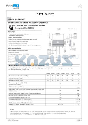 GBJ4K datasheet - GLASS PASSIVATED SINGLE-PHASE BRIDGE RECTIFIER(VOLTAGE - 50 to 800 Volts CURRENT - 4.0 Amperes)