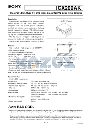 ICX209AK datasheet - Diagonal 4.5mm (Type 1/4) CCD Image Sensor for PAL Color Video Cameras