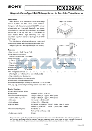 ICX209AK datasheet - Diagonal 4.5mm (Type 1/4) CCD Image Sensor for PAL Color Video Cameras