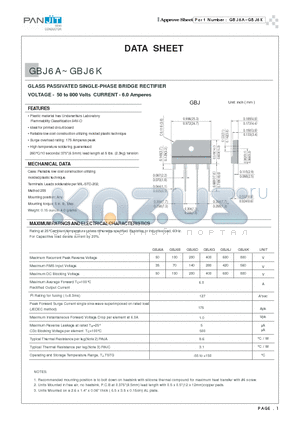 GBJ6 datasheet - GLASS PASSIVATED SINGLE-PHASE BRIDGE RECTIFIER(VOLTAGE - 50 to 800 Volts CURRENT - 6.0 Amperes)