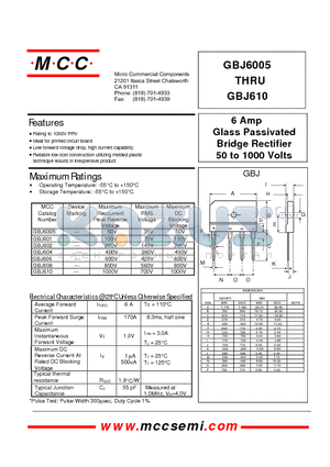 GBJ6005 datasheet - 6 Amp Glass Passivated Bridge Rectifier 50 to 1000 Volts