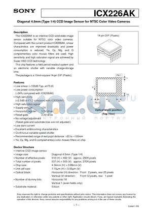 ICX226AK datasheet - Diagonal 4.5mm (Type 1/4) CCD Image Sensor for NTSC Color Video Cameras