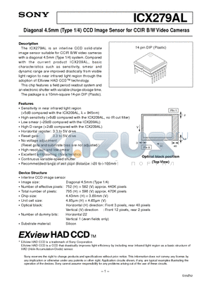 ICX209AL datasheet - Diagonal 4.5mm (Type 1/4) CCD Image Sensor for CCIR B/W Video Cameras