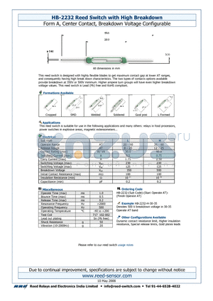 HB-2232-L datasheet - Reed Switch with High Breakdown