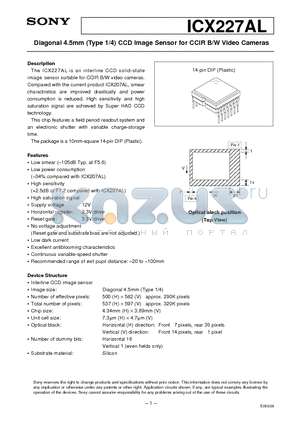 ICX227AL datasheet - Diagonal 4.5mm (Type 1/4) CCD Image Sensor for CCIR B/W Video Cameras