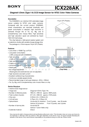 ICX228AK datasheet - Diagonal 4.5mm (Type 1/4) CCD Image Sensor for NTSC Color Video Cameras