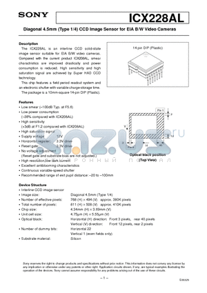 ICX228AL datasheet - Diagonal 4.5mm (Type 1/4) CCD Image Sensor for EIA B/W Video Cameras