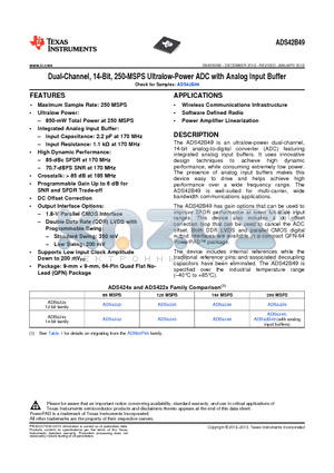 ADS4225 datasheet - Dual-Channel, 14-Bit, 250-MSPS Ultralow-Power ADC with Analog Input Buffer
