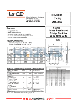 GBJ601 datasheet - 6Amp glass passivated bridge rectifier 50to1000 volts