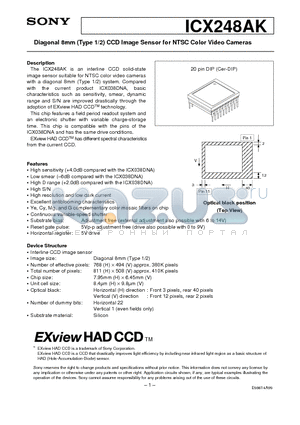 ICX248AK datasheet - Diagonal 8mm (Type 1/2) CCD Image Sensor for NTSC Color Video Cameras