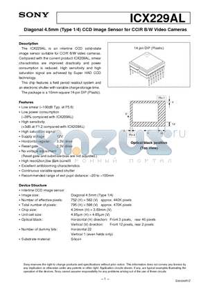 ICX229AL datasheet - Diagonal 4.5mm (Type 1/4) CCD Image Sensor for CCIR B/W Video Cameras
