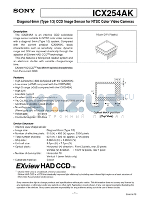ICX254AK datasheet - Diagonal 6mm (Type 1/3) CCD Image Sensor for NTSC Color Video Cameras