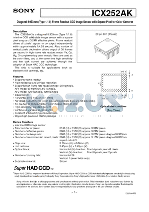 ICX252AK datasheet - Diagonal 8.933mm (Type 1/1.8) Frame Readout CCD Image Sensor with Square Pixel for Color Cameras