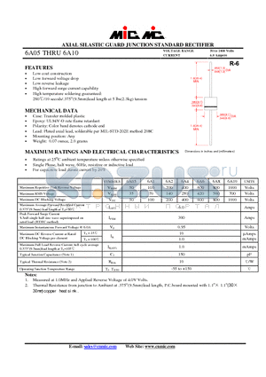 6A6 datasheet - AXIAL SILASTIC GUARD JUNCTION STANDARD RECTIFIER