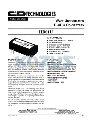 HB01U05S12 datasheet - 1 WATT UNREGULATED DC/DC CONVERTERS