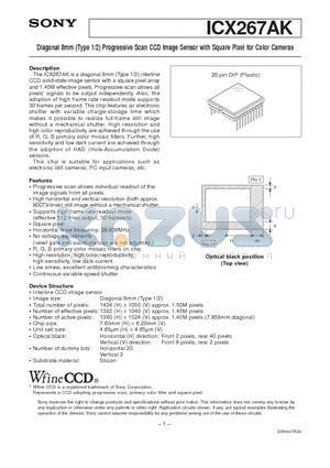 ICX267AK datasheet - Diagonal 8mm (Type 1/2) Progressive Scan CCD Image Sensor with Square Pixel for Color Cameras