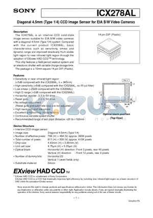 ICX278AL datasheet - Diagonal 4.5mm (Type 1/4) CCD Image Sensor for EIA B/W Video Cameras