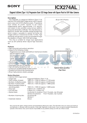 ICX274AL datasheet - Diagonal 8.923mm (Type 1/1.8) Progressive Scan CCD Image Sensor with Square Pixel for B/W Video Cameras