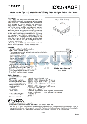 ICX274AQF datasheet - Diagonal 8.923mm (Type 1/1.8) Progressive Scan CCD Image Sensor with Square Pixel for Color Cameras