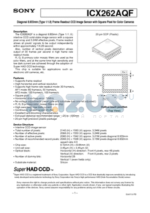 ICX262AQF datasheet - Diagonal 8.933mm (Type 1/1.8) Frame Readout CCD Image Sensor with Square Pixel for Color Cameras