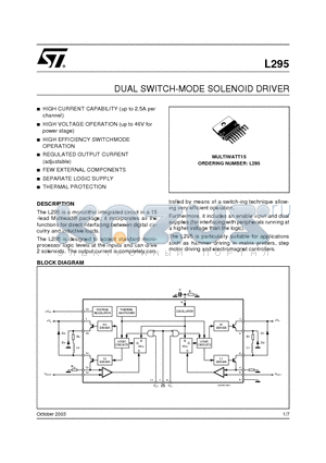 L295_03 datasheet - DUAL SWITCH-MODE SOLENOID DRIVER