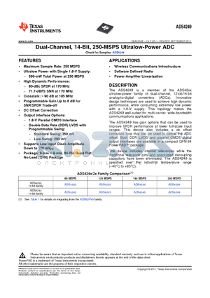 ADS4249IRGCT datasheet - Dual-Channel, 14-Bit, 250-MSPS Ultralow-Power ADC