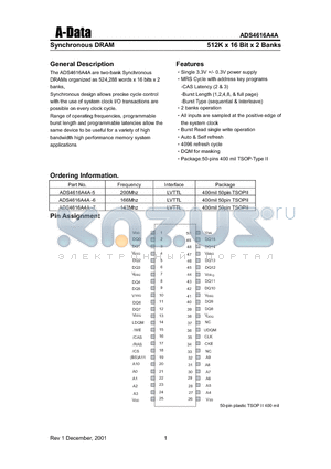 ADS4616A4A-6 datasheet - Synchronous DRAM(512K X 16 Bit X 2 Banks)