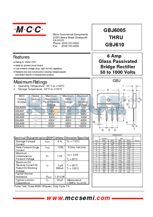 GBJ608 datasheet - 6 Amp Glass Passivated Bridge Rectifier 50 to 1000 Volts