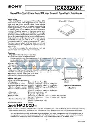 ICX282AKF datasheet - Diagonal 11mm (Type 2/3) Frame Readout CCD Image Sensor with Square Pixel for Color Cameras