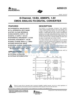 ADS5121 datasheet - 8-Channel, 10-Bit, 40MSPS, 1.8V CMOS ANALOG-TO-DIGITAL CONVERTER