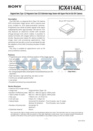 ICX414AL datasheet - Diagonal 8mm Progressive Scan CCD Solid-state Image Sensor with Square Pixel for EIA B/W Cameras