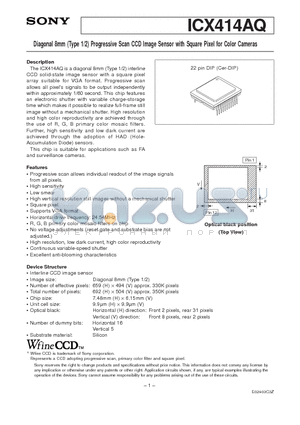 ICX414AQ datasheet - Diagonal 8mm (Type 1/2) Progressive Scan CCD Image Sensor with Square Pixel for Color Cameras