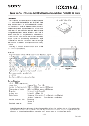 ICX415AL datasheet - Diagonal 8mm (Type 1/2) Progressive Scan CCD Solid-state Image Sensor with Square Pixel for CCIR B/W Cameras