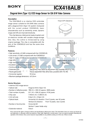 ICX418ALB datasheet - Diagonal 8mm (Type 1/2) CCD Image Sensor for EIA B/W Video Cameras