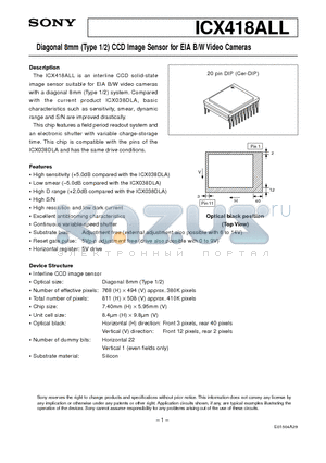 ICX418ALL datasheet - Diagonal 8mm (Type 1/2) CCD Image Sensor for EIA B/W Video Cameras