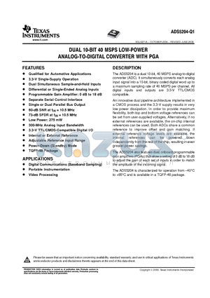 ADS5204IPFBRQ1 datasheet - DUAL 10-BIT 40 MSPS LOW-POWER ANALOG-TO-DIGITAL CONVERTER WITH PGA