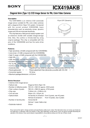 ICX419AKB datasheet - Diagonal 8mm (Type 1/2) CCD Image Sensor for PAL Color Video Cameras