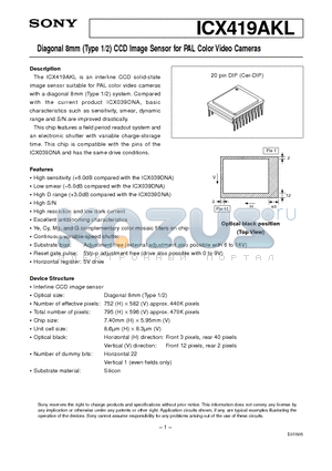 ICX419AKL datasheet - Diagonal 8mm (Type 1/2) CCD Image Sensor for PAL Color Video Cameras