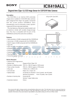 ICX419ALL datasheet - Diagonal 8mm (Type 1/2) CCD Image Sensor for CCIR B/W Video Cameras