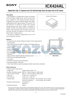 ICX424AL datasheet - Diagonal 6mm (Type 1/3) Progressive Scan CCD Solid-state Image Sensor with Square Pixel for B/W Cameras