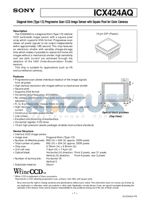 ICX424AQ datasheet - Diagonal 6mm  Progressive Scan CCD Image Sensor with Square Pixel for Color Cameras