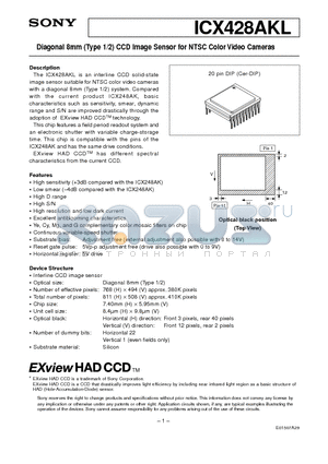 ICX428AKL datasheet - Diagonal 8mm (Type 1/2) CCD Image Sensor for NTSC Color Video Cameras