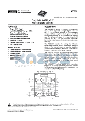ADS5231IPAG datasheet - Dual, 12-Bit, 40MSPS, 3.3V Analog-to-Digital Converter
