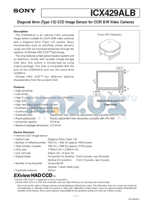 ICX429ALB datasheet - Diagonal 8mm (Type 1/2) CCD Image Sensor for CCIR B/W Video Cameras