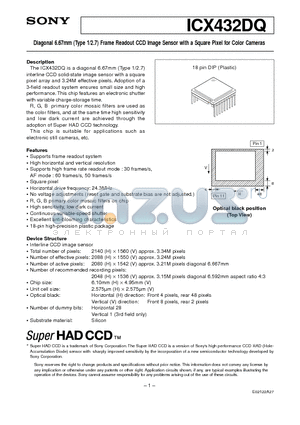 ICX432DQ datasheet - Diagonal 6.67mm (Type 1/2.7) Frame Readout CCD Image Sensor with a Square Pixel for Color Cameras