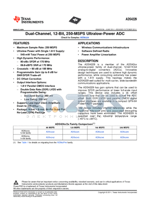 ADS4229 datasheet - Dual-Channel, 12-Bit, 250-MSPS Ultralow-Power ADC