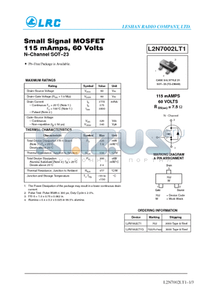 L2N7002LT1 datasheet - Small Signal MOSFET 115 mAmps, 60 Volts