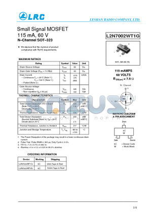 L2N7002WT3G datasheet - Small Signal MOSFET 115 mA, 60 V N-Channel SOT-323