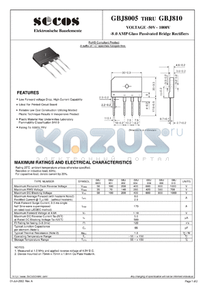 GBJ8005 datasheet - -8 .0 AMP Glass Passivated Bridge Rectifiers